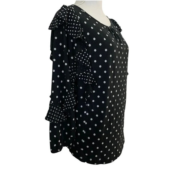 Chaps Navy And White Polka Dot Ruffle Sleeve Medium Blouse Cotton Blend Blue - Picture 2 of 7